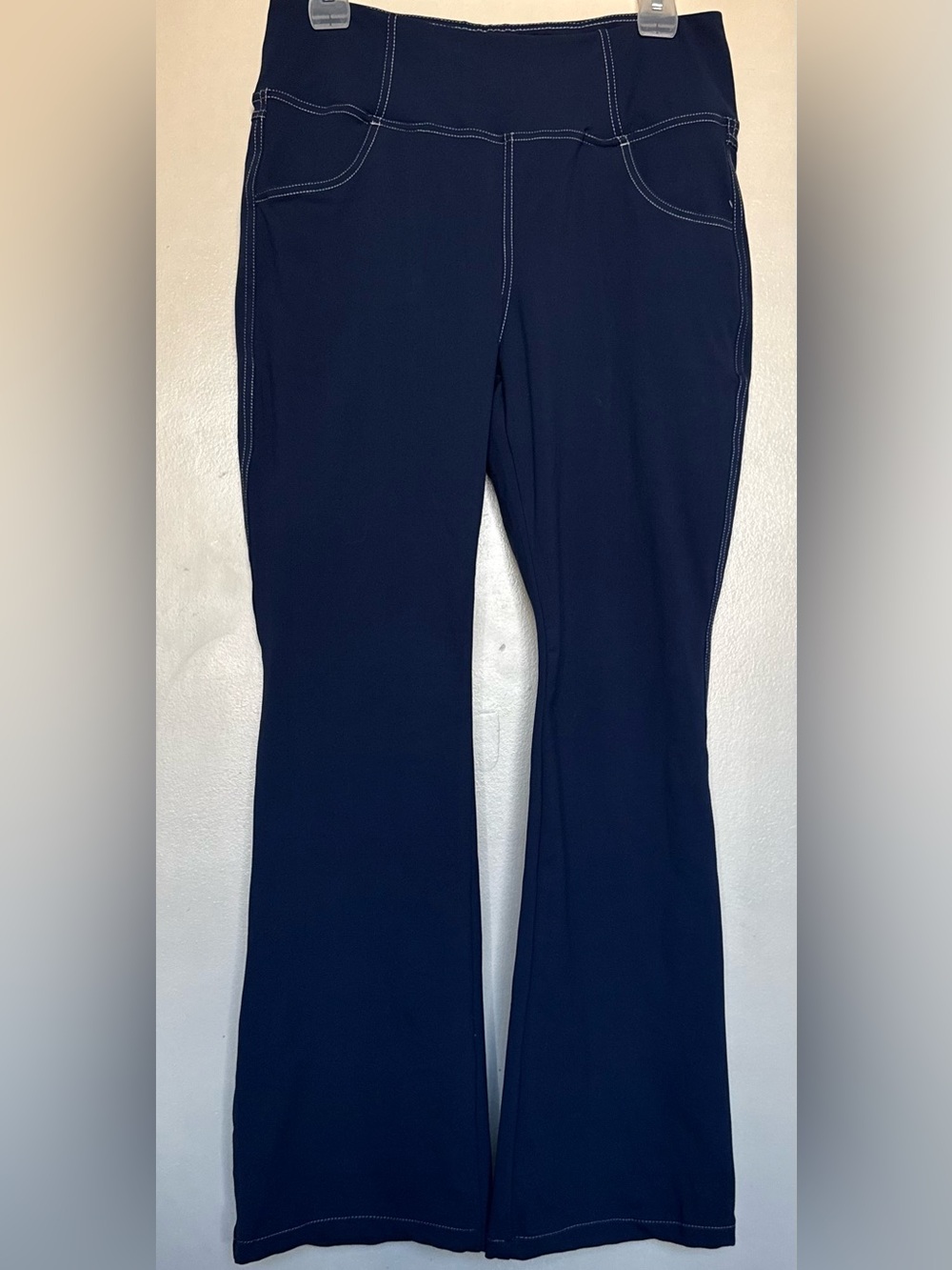 Dark Blue Stitch-Detail Pull-On Flare Pants